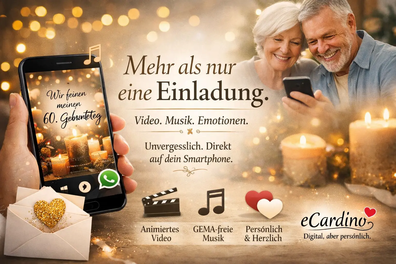 Digitale Einladungskarten von eCardino - animiertes Video mit GEMA-freier Musik, persönlich und herzlich, direkt per WhatsApp versendbar