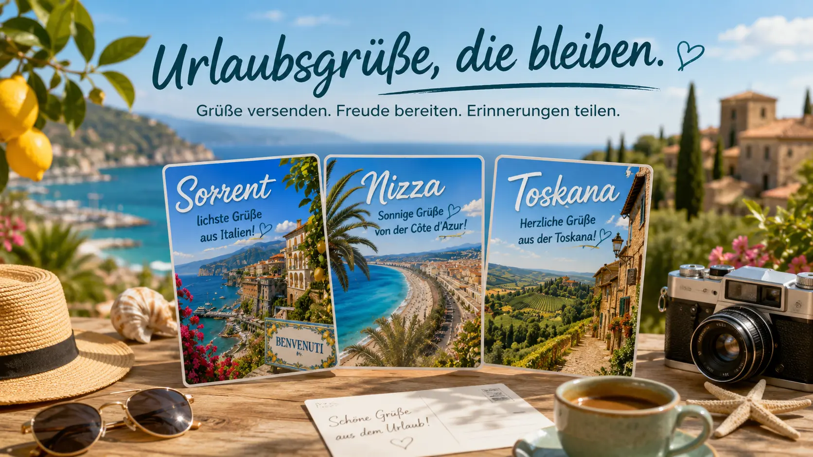 Digitale Postkarten mit Reisemotiven aus Sorrent, Nizza und der Toskana - eCardino