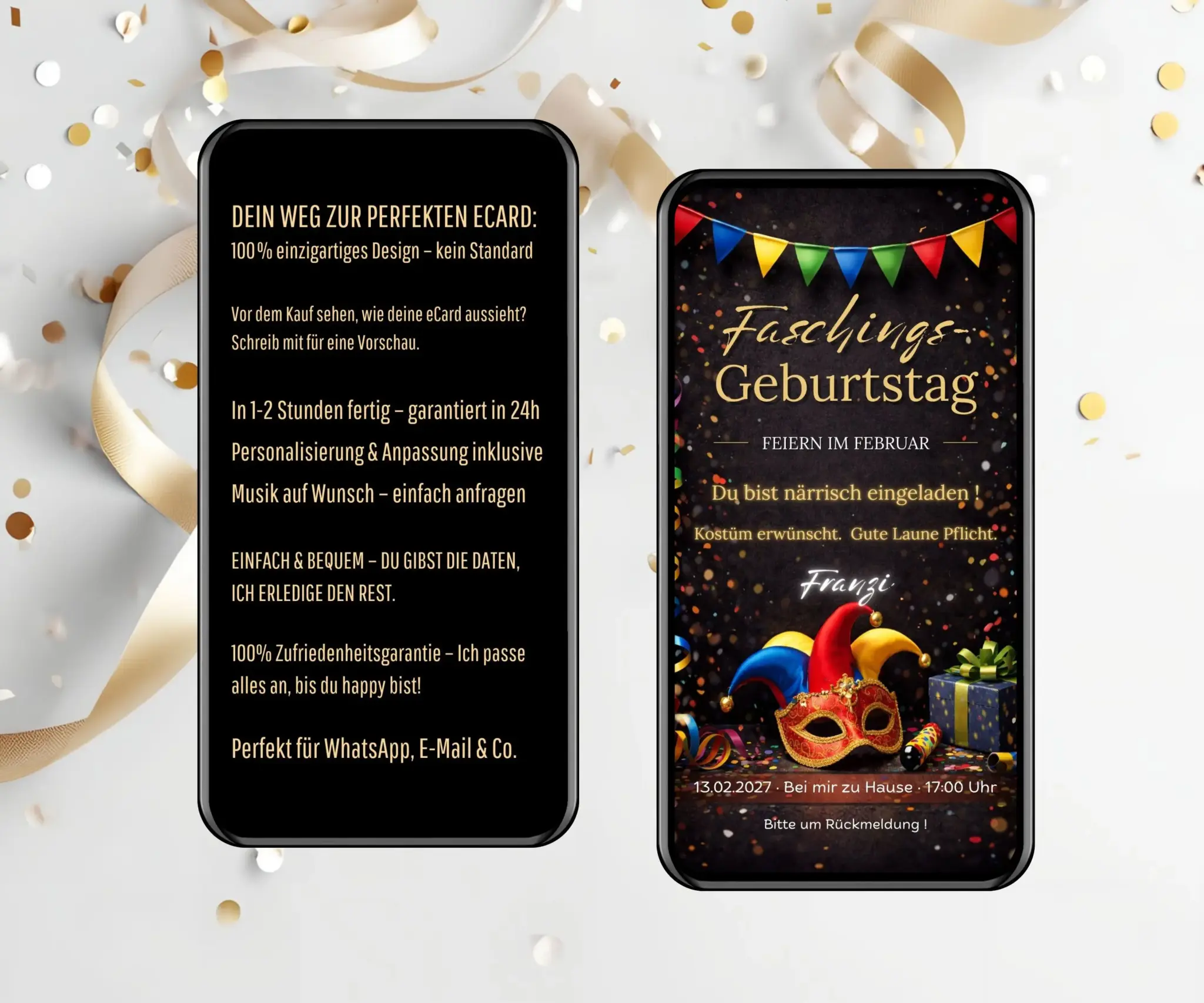 Animierte Einladung für Geburtstag und Fasching kombiniert mit Partydekoration
