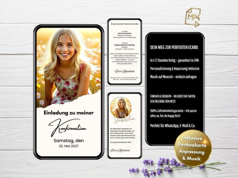Konfirmation Textvorlagen - moderne digitale Einladung zur Konfirmation individuell gestaltet von eCardino
