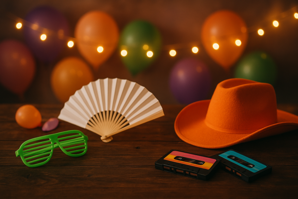 Einladung Mottoparty Text mit typischen Accessoires wie Kassette, Partybrille und Cowboyhut