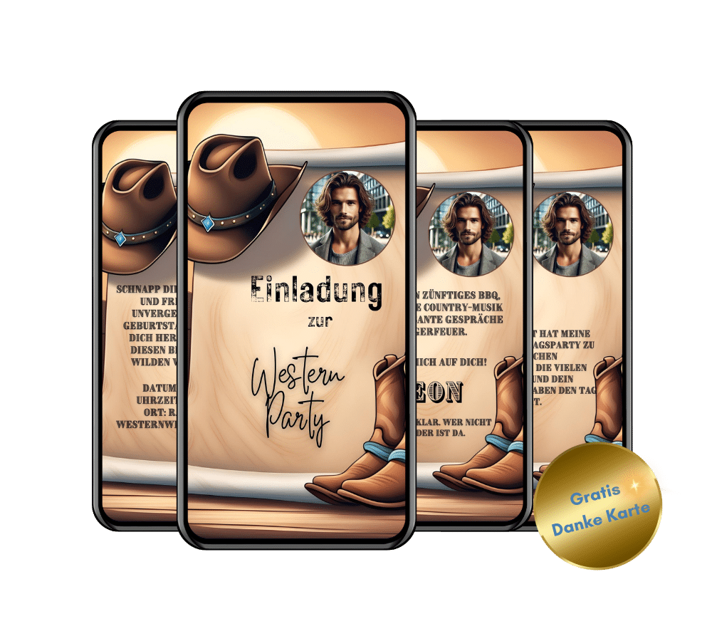 Digitale Einladung zur Western Party im klassischen Cowboy-Stil mit Lederoptik, Cowboyhut und Dankeskarte