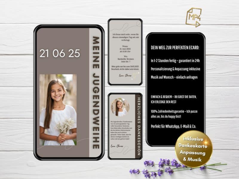 Konfirmation Textvorlagen - digitale Einladung von eCardino einzigartiges Design sofort per WhatsApp versandbereit
