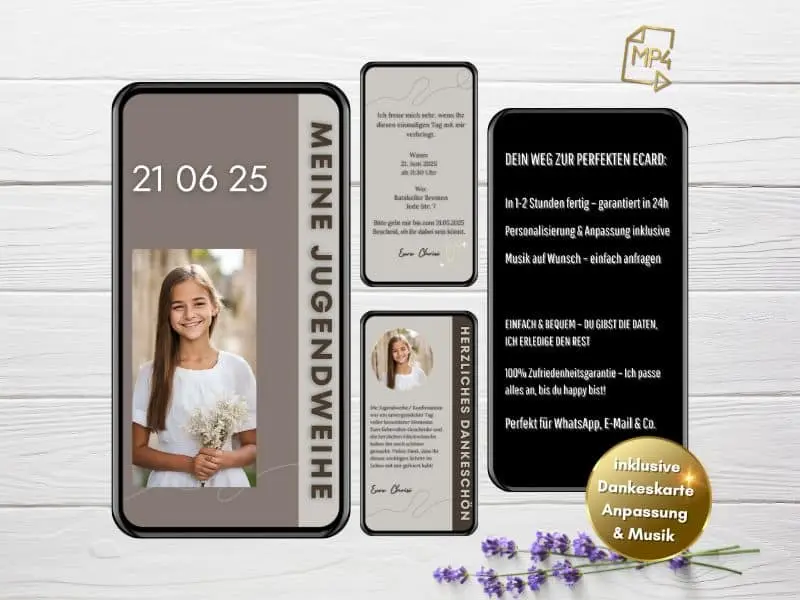 Konfirmation Textvorlagen - digitale Einladung von eCardino einzigartiges Design sofort per WhatsApp versandbereit
