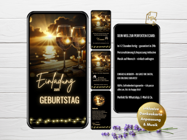 Digitale Geburtstagseinladung per WhatsApp im floralen Design von eCardino - animiert als MP4 mit persönlichem Text