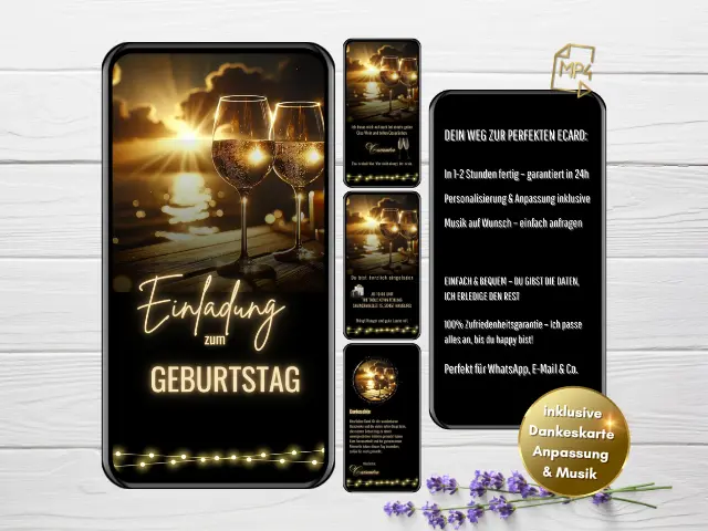 Digitale Geburtstagseinladung per WhatsApp im floralen Design von eCardino - animiert als MP4 mit persönlichem Text