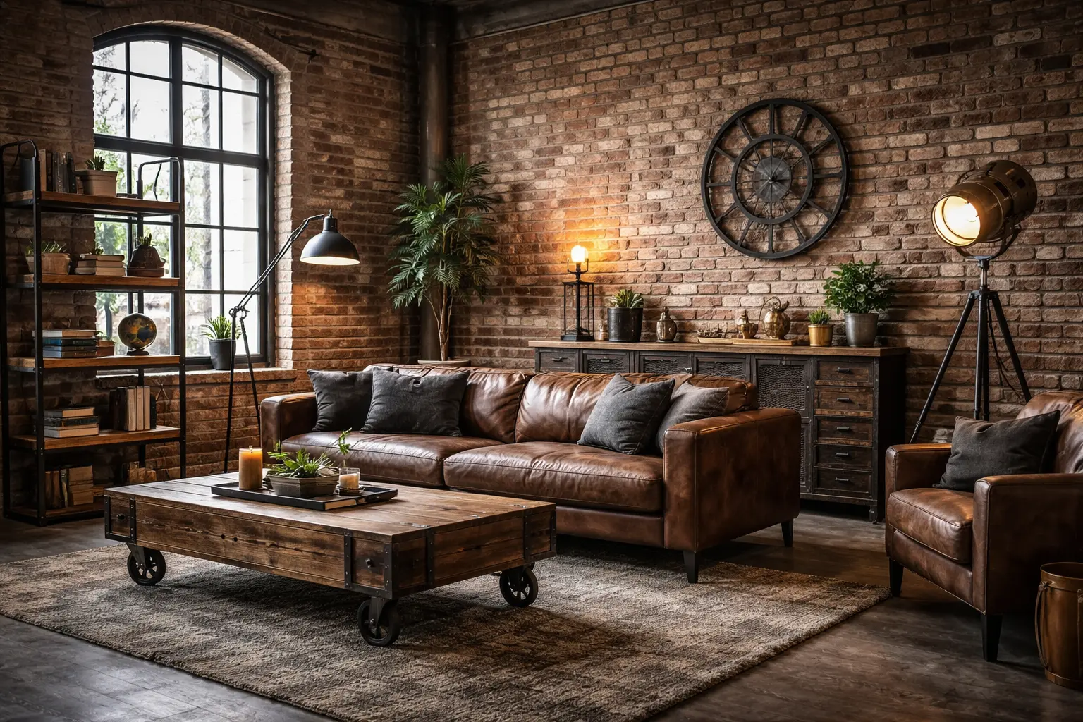 Einrichtung im Industrial Look mit dunklen Möbeln, Metallelementen und sichtbarem Mauerwerk