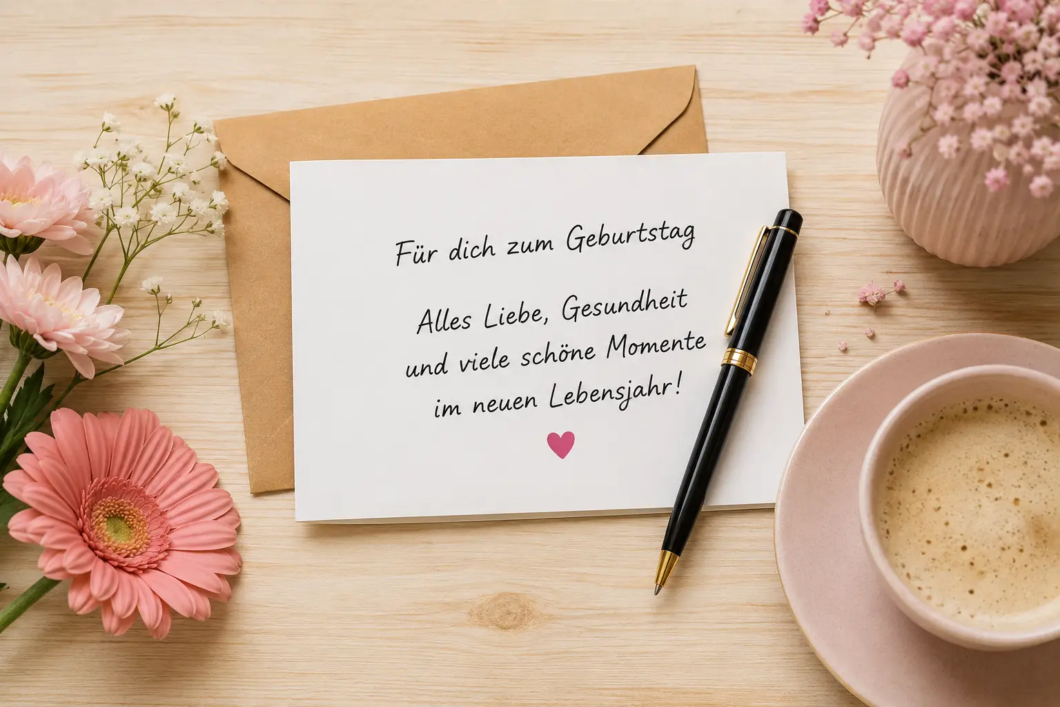Text für Geburtstagskarte neben offenem Umschlag, Füller und zarten Geburtstagsblumen