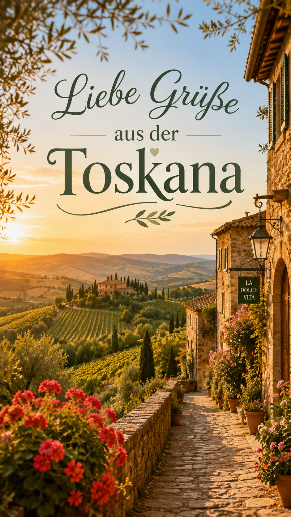 Digitale Postkarte aus der Toskana - Liebe Grüße mit Weinbergen und Zypressen
