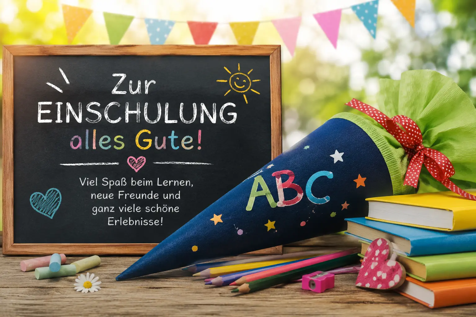 Wünsche zur Einschulung auf Tafel mit Kreideschrift, bunter Wimpelgirlande, blauer ABC-Schultüte und Büchern