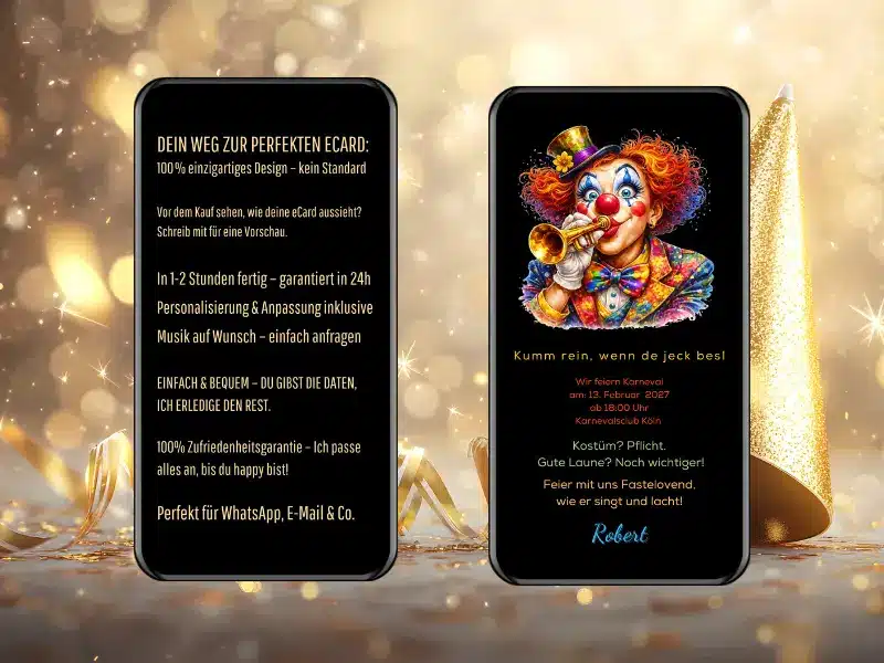 Digitale Fasching Einladung mit Konfetti und Karnevalsdesign für WhatsApp und E-Mail