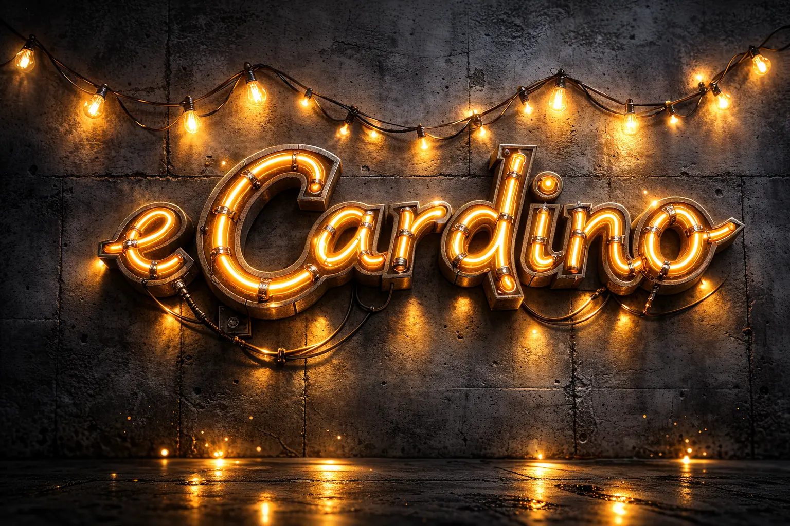 eCardino Logo im Industrial Style mit Neon-Leuchtschrift auf dunklem Hintergrund und Lichterketten