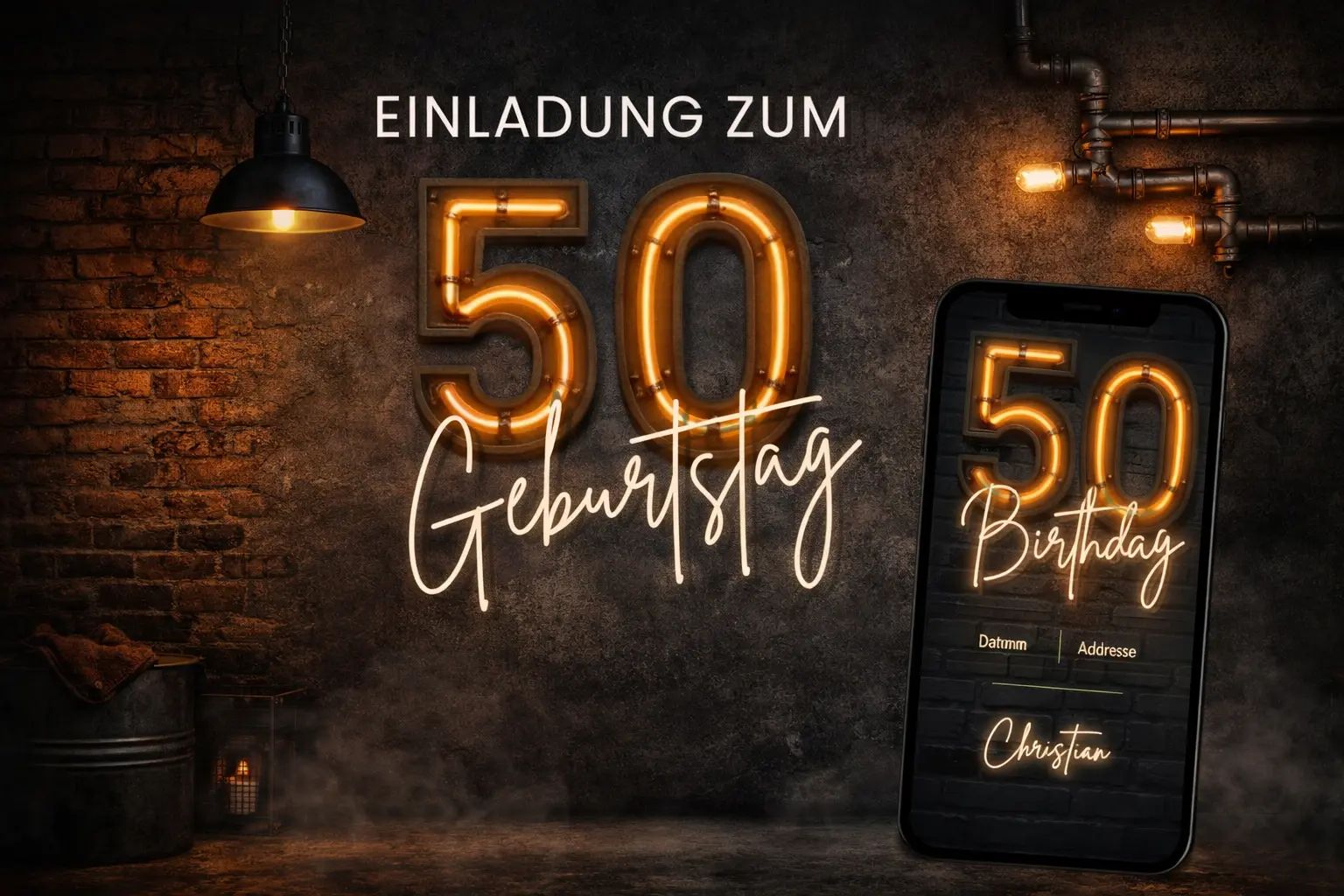 Digitale Einladung zum 50. Geburtstag im Industrial Style auf zwei Smartphones mit Neon-Leuchtschrift und Backsteinwand