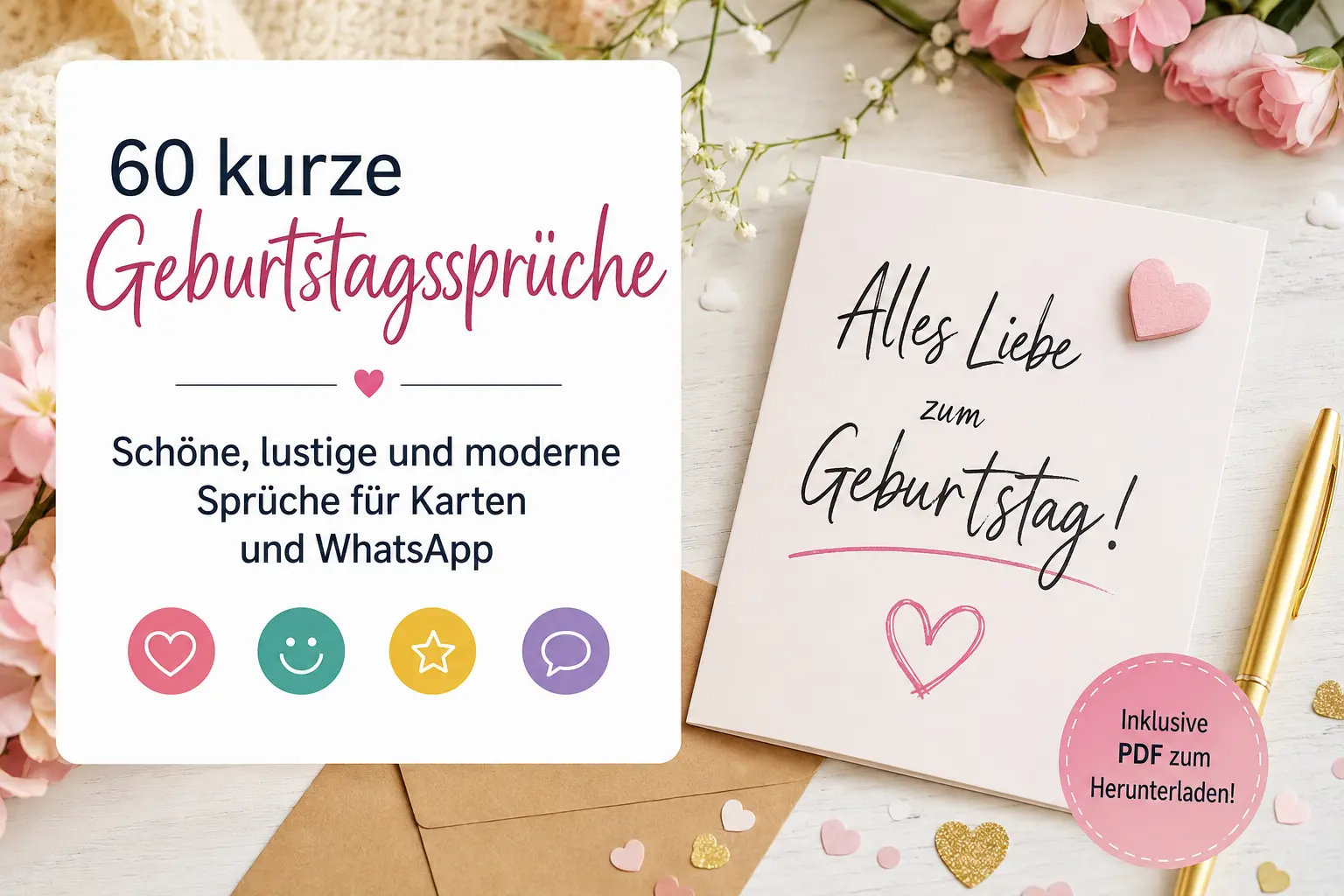 60 kurze Geburtstagssprüche für Karten und WhatsApp mit Geburtstagskarte und Blumen