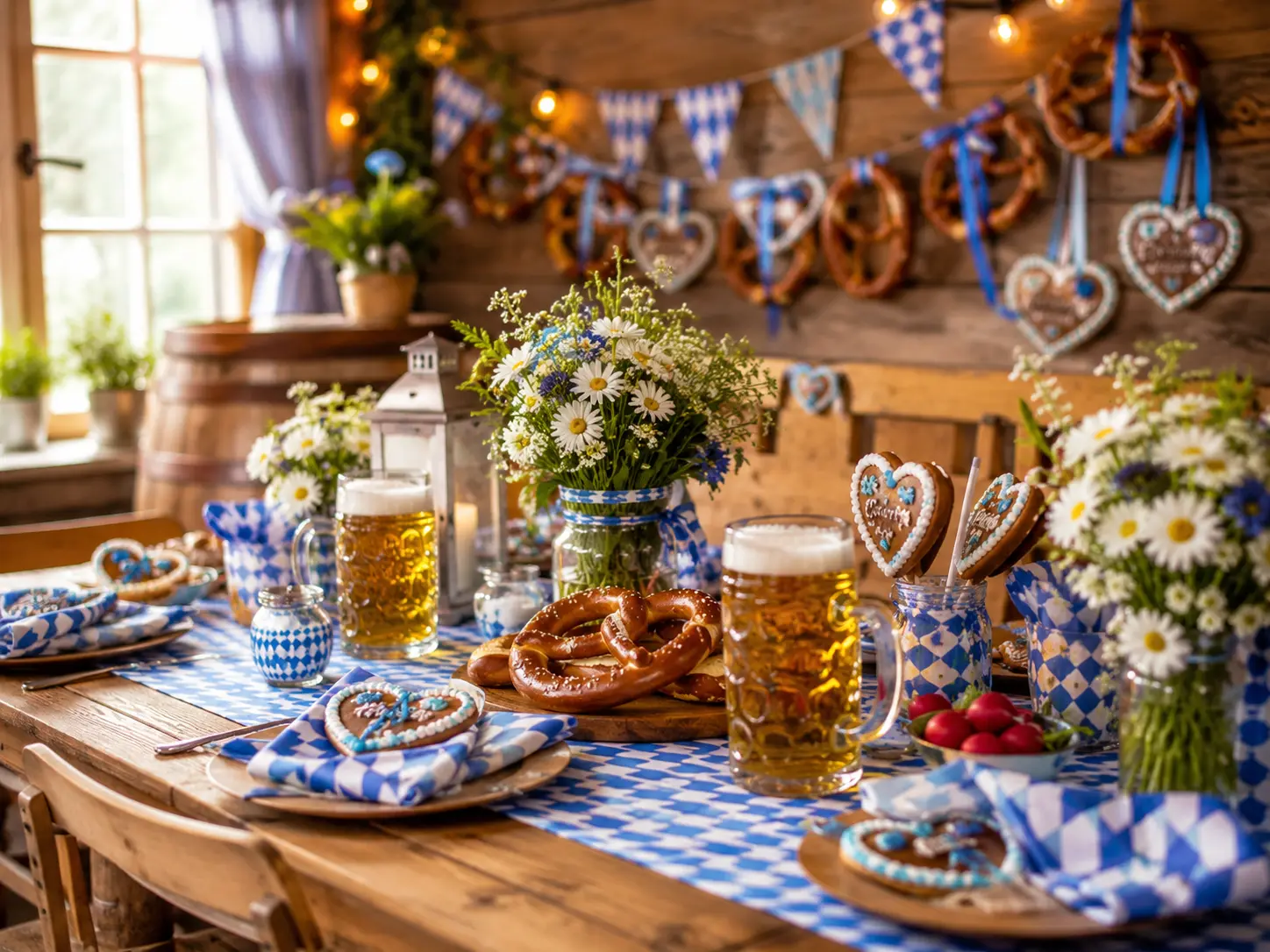 Oktoberfest Party Ideen mit bayerischer Tischdeko, Brezeln und Bier - eCardino